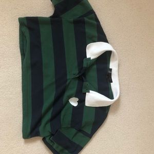 (Faded Rose) Green blue striped cropped collared shirt with white heart on chest